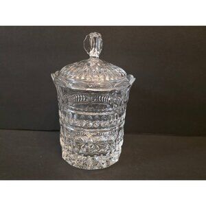 Vintage Crystal Clear Glass Candy Jar With Lid Ornate Patterned Design 6.5-Inche